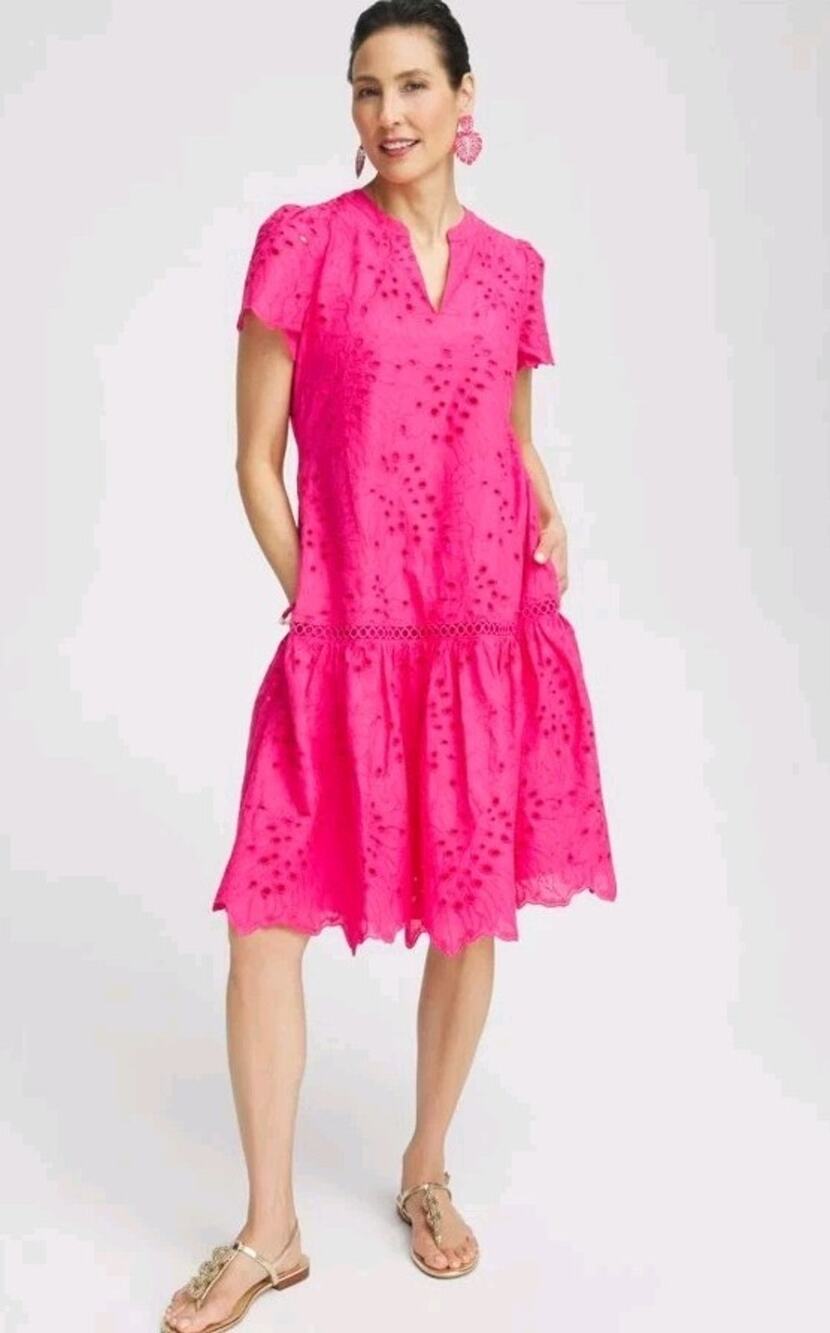 Chico's size 3.5 US 18 Pink Eyelet Short Sleeve Drop Waist Cotton Dress